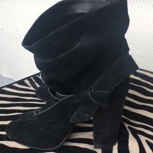 Genuine suede peep toe ankle tie booties
